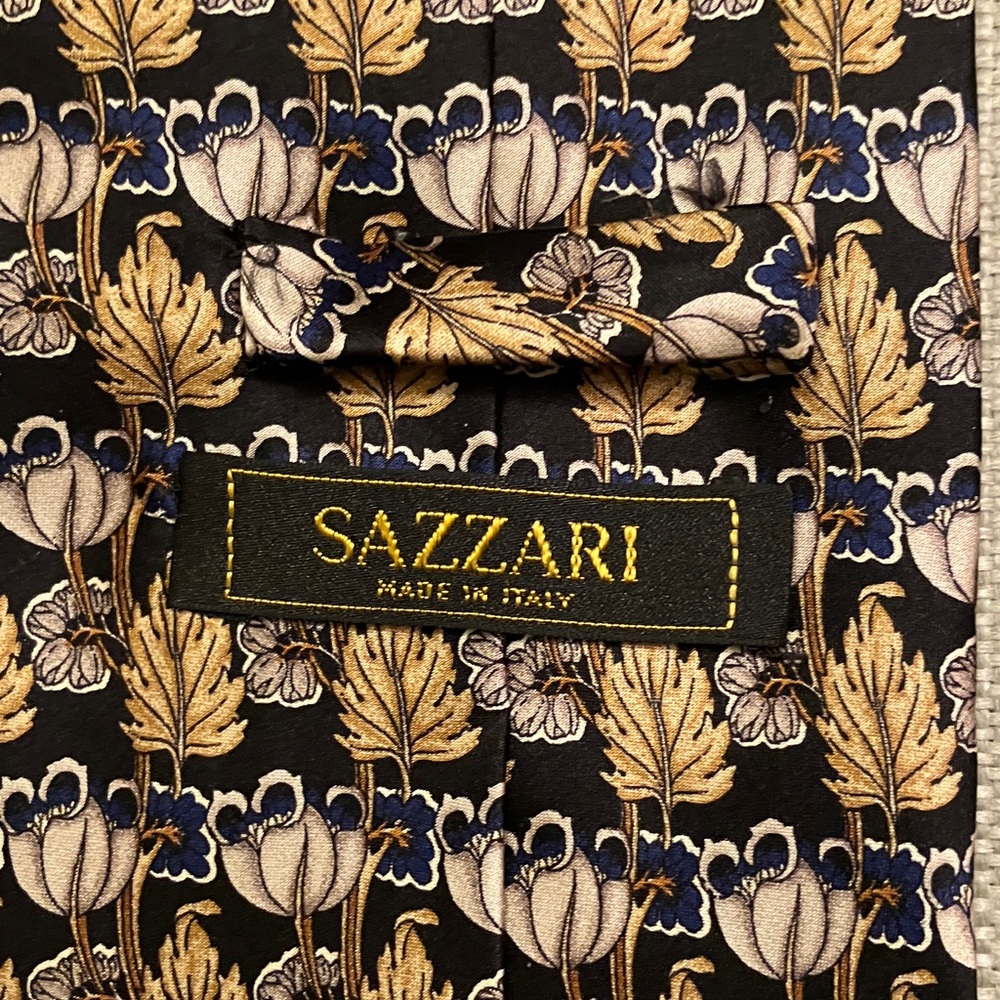 Sazzari silk tie, leaf and flower pattern, gold, blue & black